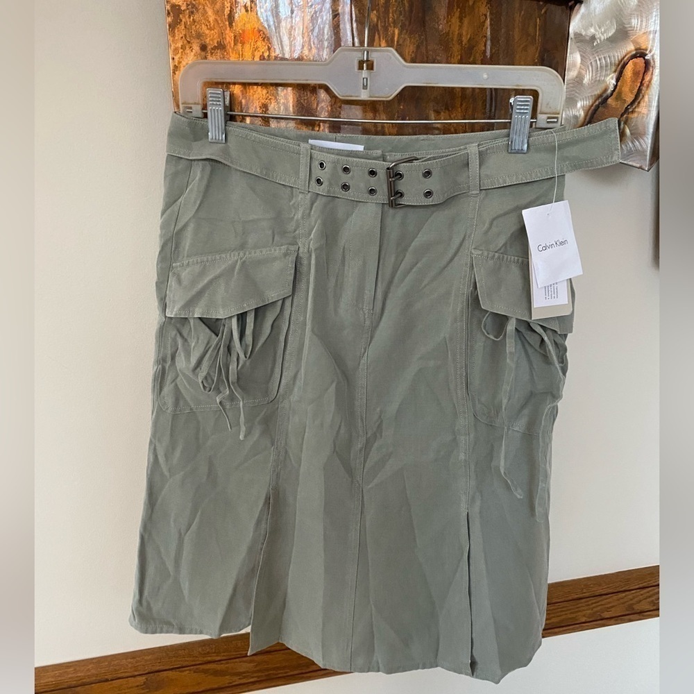 NWT Calvin Klein Green Cargo MIDI Skirt -belt SILK 2